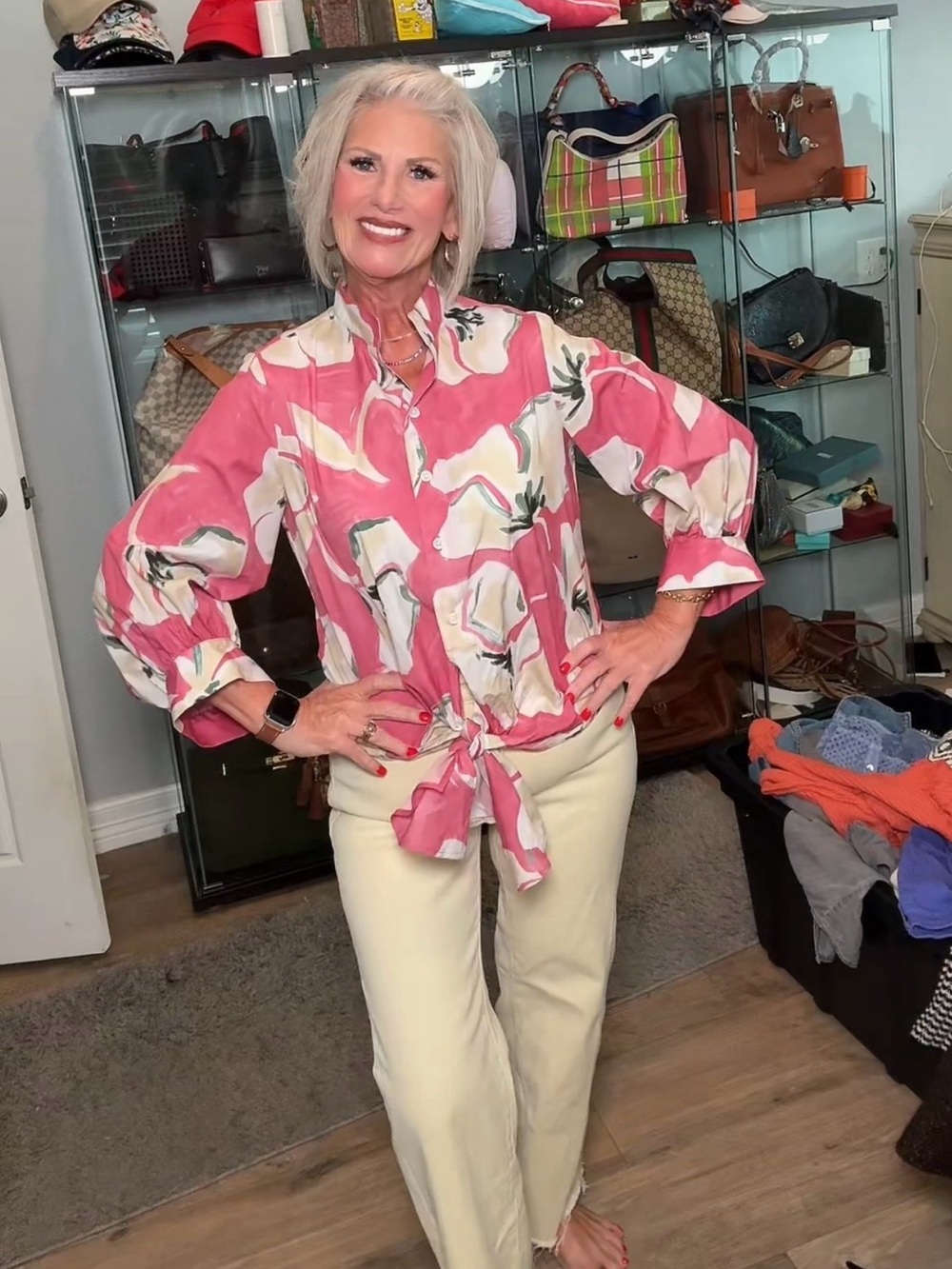 Fifteen Twenty Pink and Cream Tie-Front Floral Shirt #3106